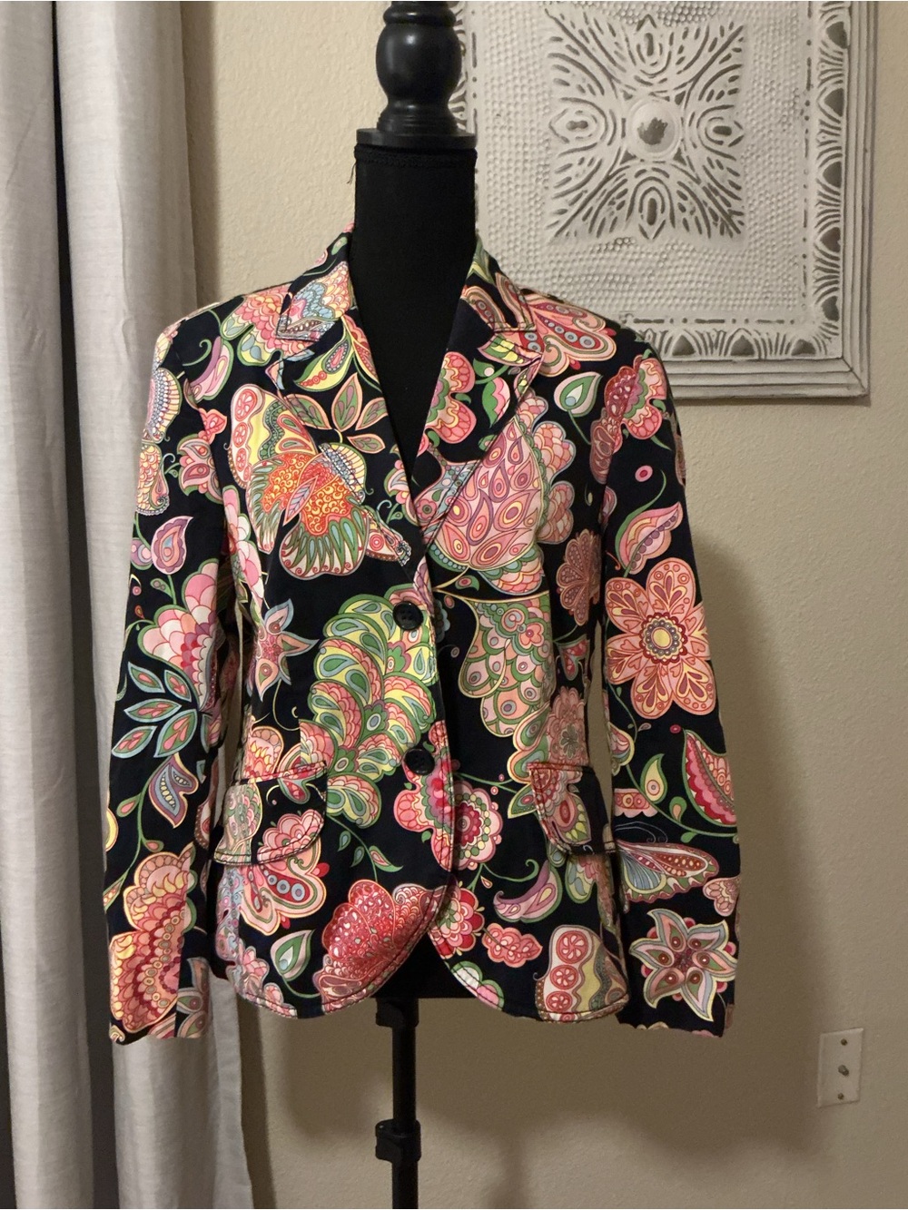 Escada Black Blazer with Multicolor Floral Paisley Print
